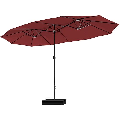 PHI VILLA 15ft Patio Umbrella Double-Sided Outdoor Market Extra Large Umbrella with Crank, Umbrella Base Included (Dark Red)