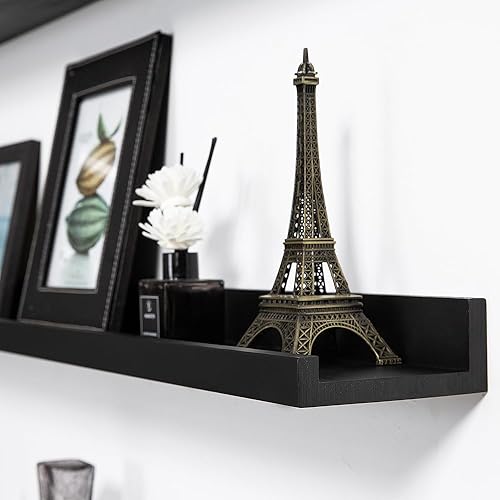 Miniatura 7 de Estantes flotantes negros de 36 pulgadas para marco de fotos moderno para pared, estantes de repisa para cuadros con borde, estantes de madera