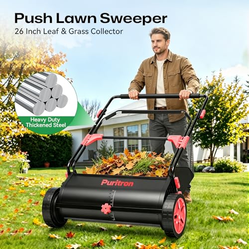 Puritron Push Lawn Sweeper, 26 Inch Leaf & Grass Collector, Strong Rubber Wheels & Heavy Duty Thickened Steel Durable to Use with Large Capacity 7 ft³ Mesh Collection Bag, 4 Spinning Brushes - Thumbnail 7