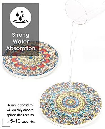 SUEH DESIGN Drink Coasters with Holder Set of 6 Absorbent Mandala Ceramic Coasters with Non-Slip Cork Base Back for Home Kitchen Office Bar