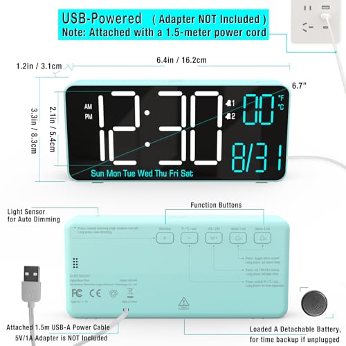 Image of KOSUMOSU Digital Alarm Clock for Bedroom, 6.7in Desk Clock LED, Auto Dimming, Room Temperature, Day of The Week, Date, Seconds, Clocks for Living Room, Alarm Clocks for Bedrooms