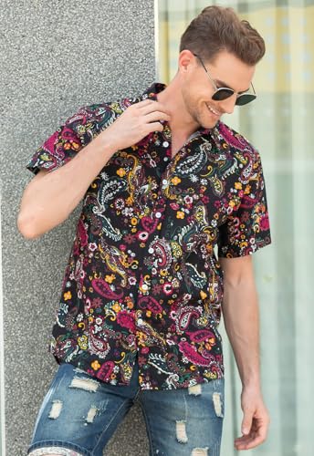 QZH.DUAO Mens 70s Disco Party Shirts Casual Paisley Button Down Shirt Vintage Floral Hawaiian Beach Short Sleeve Shirt4