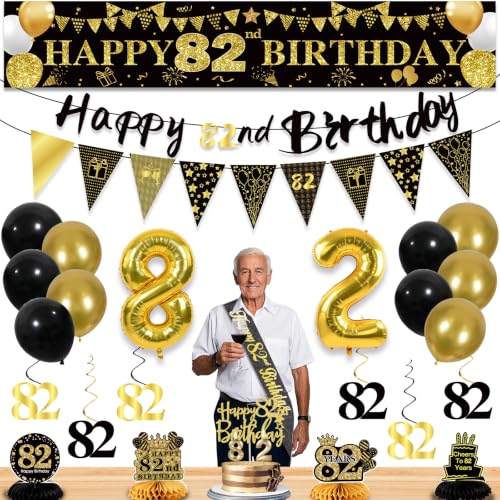 Image of 82nd Birthday Decorations for Men, Black Gold 82nd Party Decoration Kits