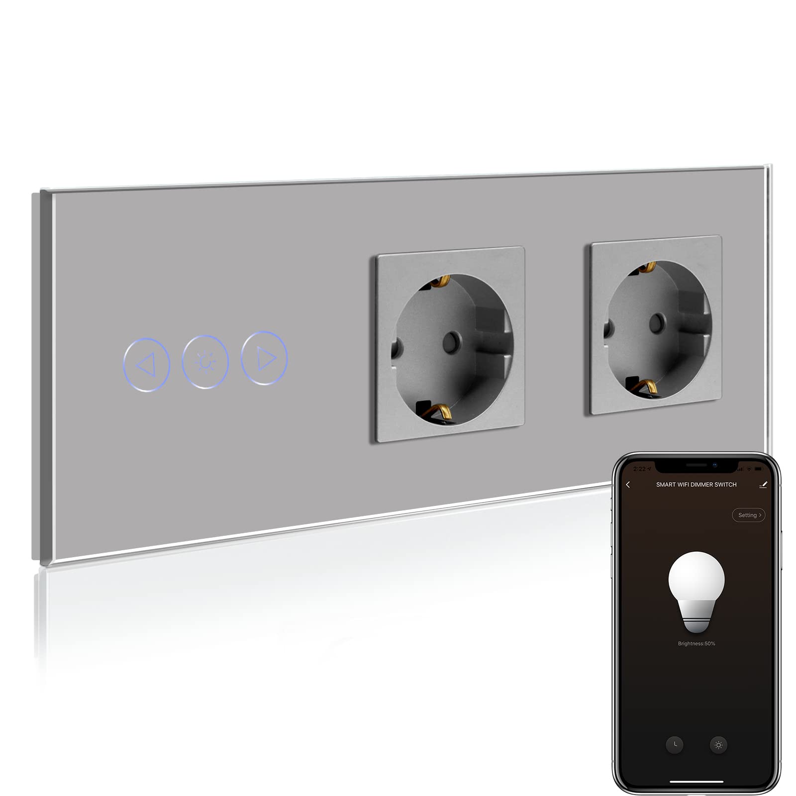 BSEED BSEED Normal Steckdose mit Smart Alexa Dimmer Lichtschalter Kompatibel mit Alexa,Google Home, Glas Touchscreen-schalter 1 Fach 1 Weg mit 16A Doppel Steckdose Grau(Neutrale Leitung benötigt)