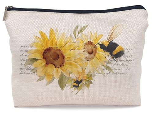 Lacosu Watercolor Sunflower Bumblebee Makeup Bag, Summer Honey Bee Cosmetic Makeup Bag for Women, Bee Lovers Gifts