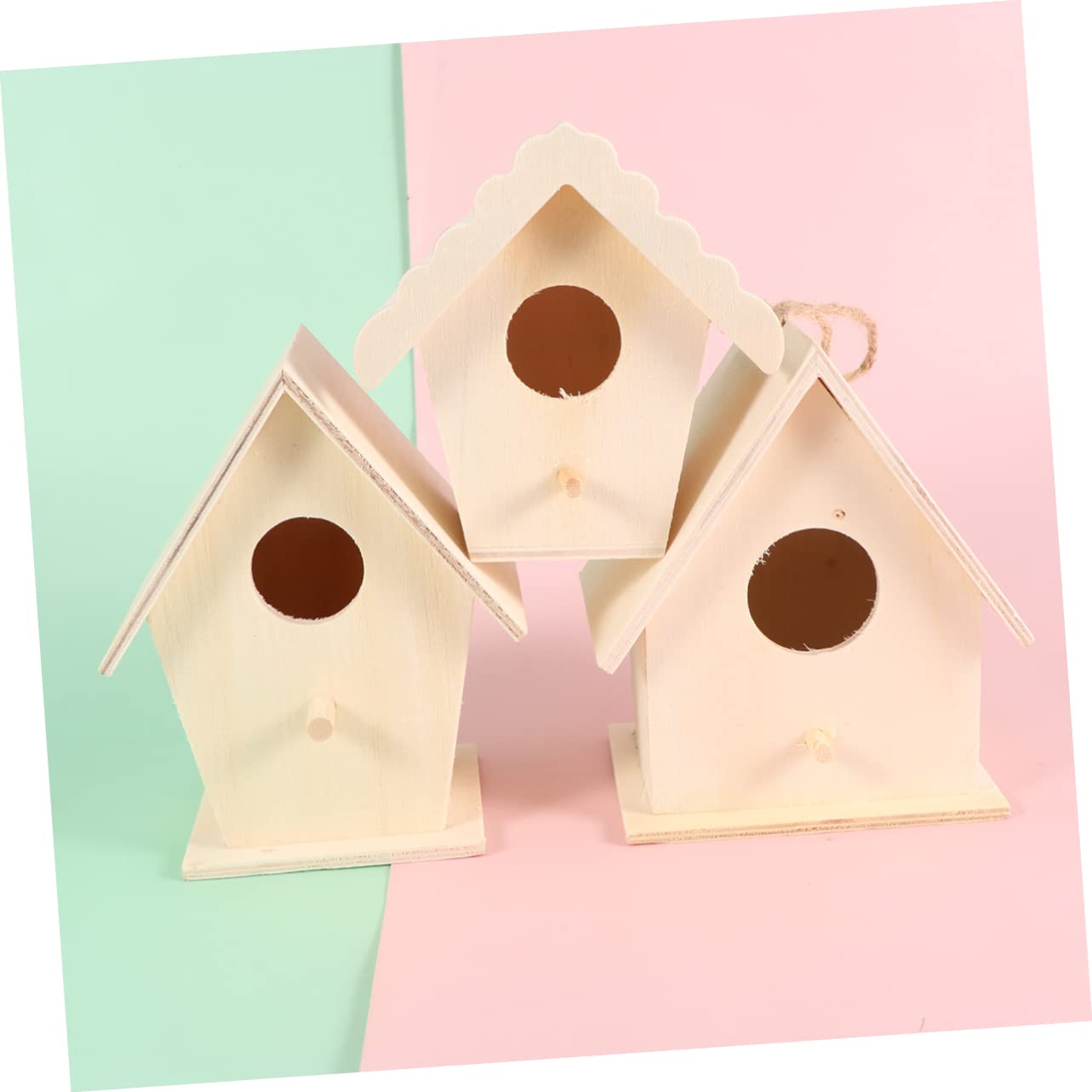 WOONEKY 6 Stück Teiliges DIY Vogelhaus aus Holz Unvollendetes Bastelset mit Stabilem Stand und Dicker Aufhängekordel zum Bemalen und Dekorieren als Lernspielzeug für Wohnraumgestaltung