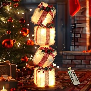 Hzdyopk Juego de 4 cajas de regalo LED, cajas decorativas de Navidad con 60 ledes de color blanco cálido, decoración navideña iluminada con mando a distancia, 8 modos y función de temporización, caja