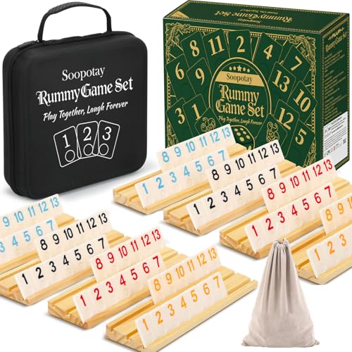 2-8 Players Games Gifts for Men Women Father Mother, Rummy Game Set, 214 Melamine Tiles, 8 Wooden Racks, Drawstring Bag, Premium Portable Case, Tile Board Games for Adults