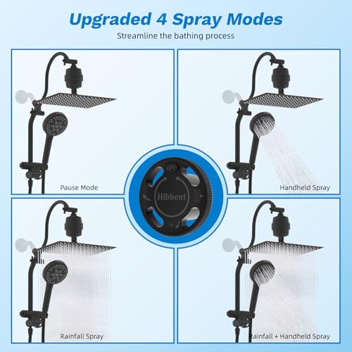 Image of Hibbent 12 inch Dual Filtered 10 inch Rainfall Shower Head with Handheld 10-Spray | High Pressure Metal Oil-Rubbed Bronze Showerhead Combo with Filter, Extension Arm with 4-way Diverter, 71'' Hose & Holder