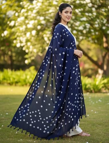 Image of Women's Cotton Rayon Bandhani Print Dupatta with Tassels 2.25 Meters | Women's cotton printed dupatta with tassels.