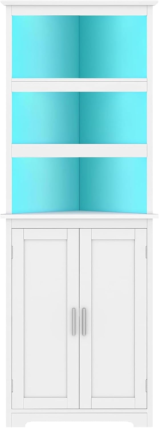 TEENFON Tall Corner Cabinet with LED Lights, 5-Tier Bathroom Corner Cabinet with Adjustable Shelf, for Living Room, Dining Room, White