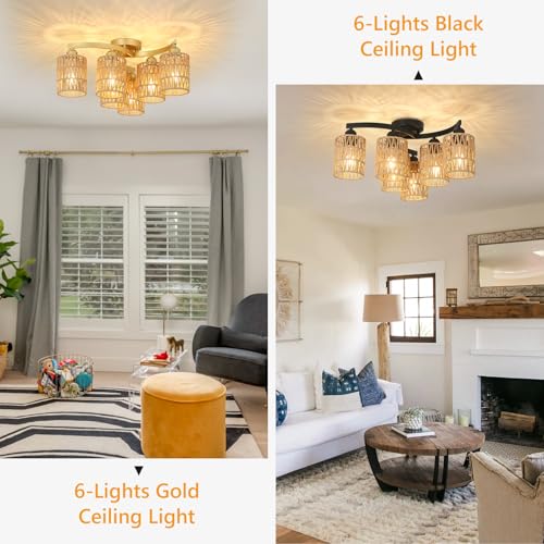 Handmade Rattan Semi Flush Mount Ceiling Light - Rustic Farmhouse Dining Room & Boho Kitchen Light Fixture for Living Room, Hallway, Bedroom Entry - Image 6