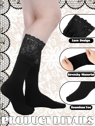 4 Pairs Women's Lace Socks Calf Stocking with Lace Trim Long Knee High Stockings Lolita Boot Socks3
