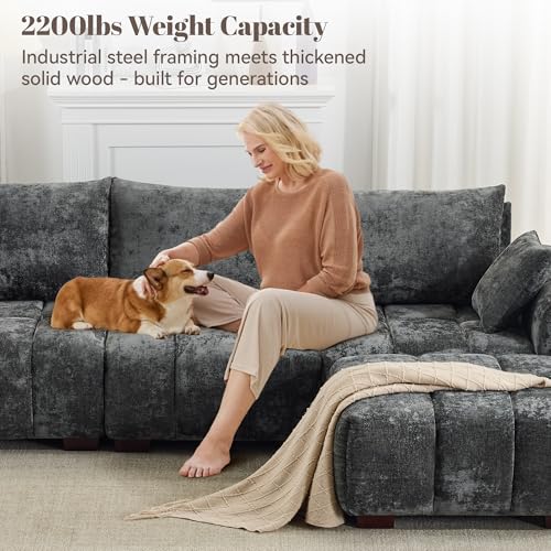 Image of 143 inch Oversized U Shaped Couch, Large Chenille Cloud Couch with Two Movable Ottomans, Memory Foam and Solid Wood Legs, Mid Century Modern Modular Sectional Couches for Living Room, Tufted Sofa, Grey