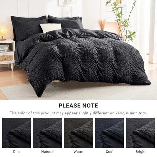 Image of HYMOKEGE Black King Size Comforter Set Seersucker 7 Pieces, All Season Luxury Bed in a Bag for Bedroom, Bedding Set with Comforters, Sheets, Pillowcases & Shams