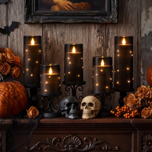 Image of Homemory Halloween Flameless Candles, Black LED Pillar Candles with Remote | Acrylic Flickering Battery Operated Candles with Timer and Embedded Star String Lights for Centerpiece Indoor Holiday Decor