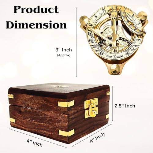 Brújula de bolsillo con reloj de sol de latón y caja de madera miniatura 2