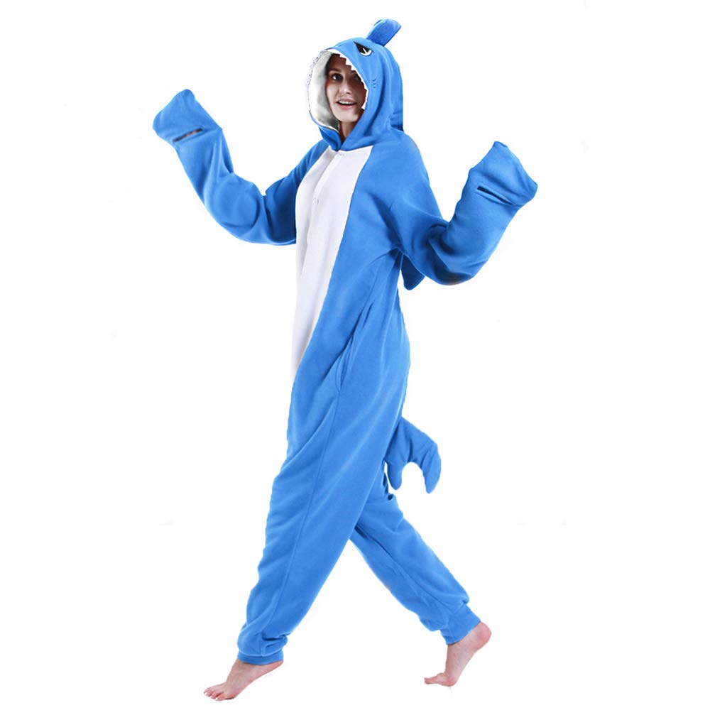 dressfan Animal Shark Onesie Shark Costume Cosplay Costume Christmas Halloween Pajamas for Unisex Adults Teens Kids (Dark Blue, L(66"-70"))