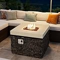 COSIEST 32-inch Outdoor Propane Fire Pit Table, Square Fire Table w Faux Brown Ledgestone, 40,000 BTU Stainless Steel Burner, Free Lava Rocks, Fits 20lb Tank Inside