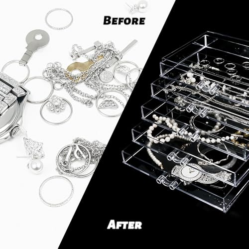 Clear Acrylic Jewelry Storage Box, Earring Jewelry Organizer with 5 Drawers, 5-Layer Jewelry Box for Women, Earring Display Holder for Earrings Ring Bracelet Necklace Transparent Display Storage Case by Euedue - Used condition - Image 3