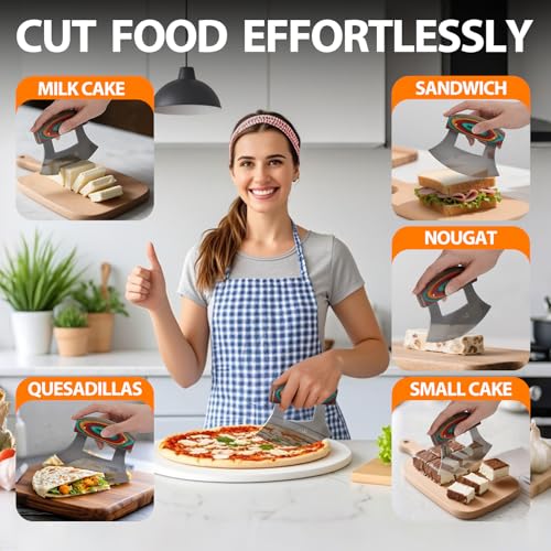 Pizza Cutter Rocker Knife, Sharp Ulu Knife with Wooden handle, Stainless Steel Blade Mincing Knives with Colored Wood Stand - image 5