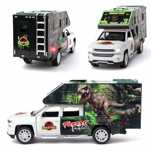 Image of DEUSON ECOM 1:32 Diecast Car Model Die Cast Metal Car Jurassic Dinosaurs World Transport Truck Light Sound Openable Door Pull Back