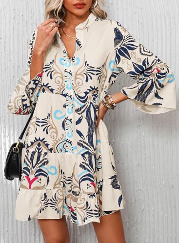 Summer Dresses for Women 2025 Flowy Ruffle 3/4 Sleeve V Neck Tiered Casual Babydoll Boho Beach Mini Dress2