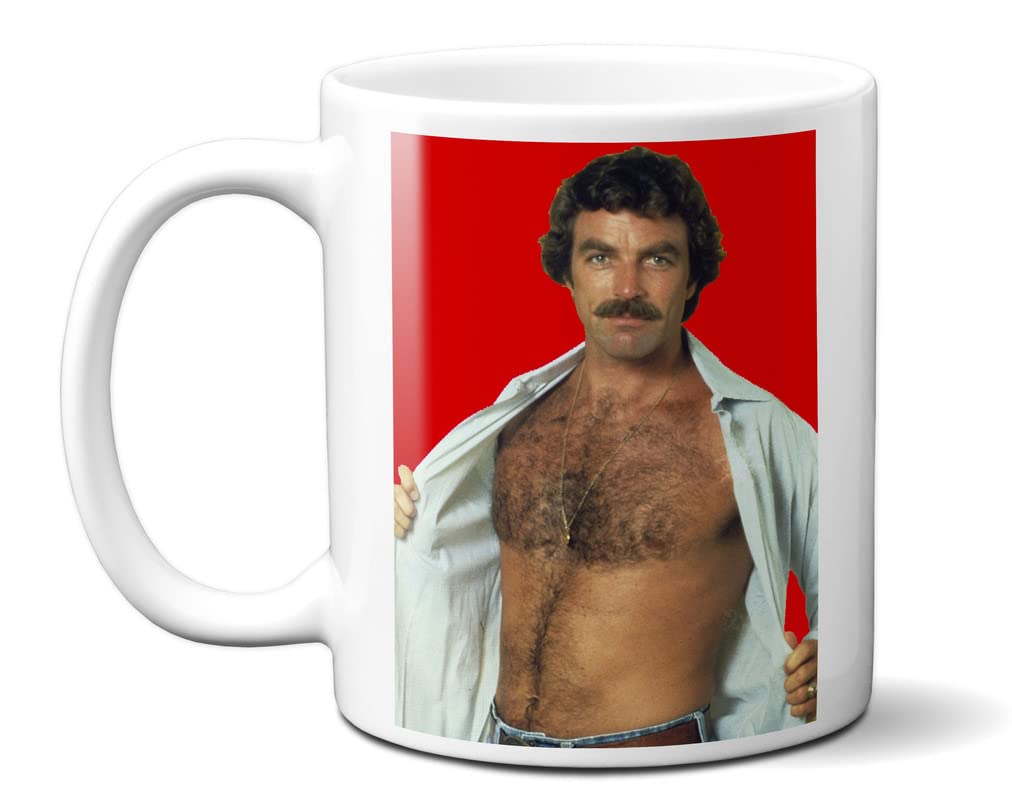 Tom Selleck Open Shirt - RED Background - 11oz Ceramic Mug
