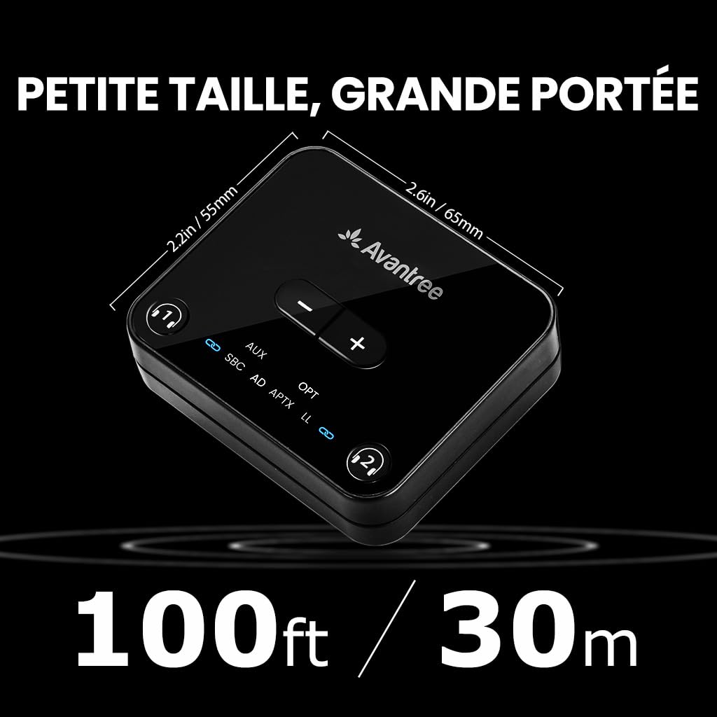Avantree Audikast 3 – Émetteur Bluetooth 5.3 pour TV avec Port de Sortie Audio Optique ou AUX, aptX-Adaptive, Transmetteur Adaptateur Audio sans Fil pour Casque