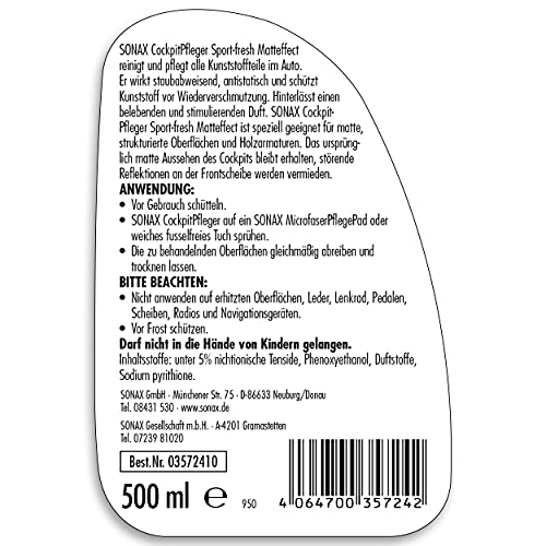 SONAX CockpitPfleger Matteffect Sport-Fresh (500 ml) reinigt und pflegt alle Kunststoffteile im Auto | Art-Nr. 03572410 (Packung mit 2) – Ansicht 2