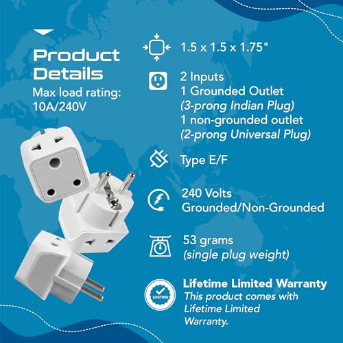 Image of Ceptics Europe Travel Adapter, 2 in 1 India to Europe, Germany, France Schuko Adapter - Type E /F European Plug Adapter for Laptops, Phones, Chargers, CE - RoHS - 3 Pack