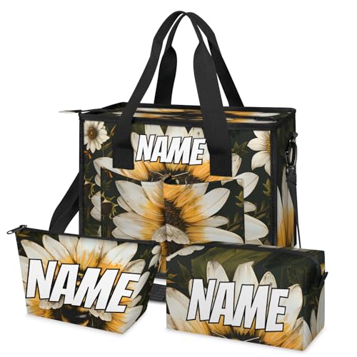 Custom Sunflower Honeybee Travel Duffle Bags for Women Weekender Overnight Spring Farmhouse Carry on Tote for Airplanes Business Hospital Gym with Toiletry Bag 3Pcs Set