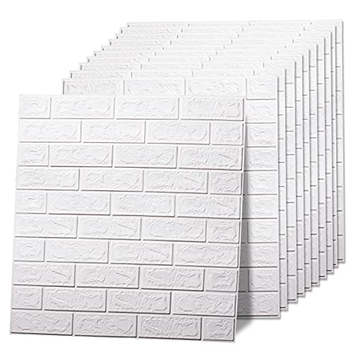 Spurtar Brick Wall Panels 20Pcs Peel and Stick Wallpaper Faux Stone Textured 3D Foam Wallpaper Tiles White for Livingroom Bedroom TV Background Home Decor DIY