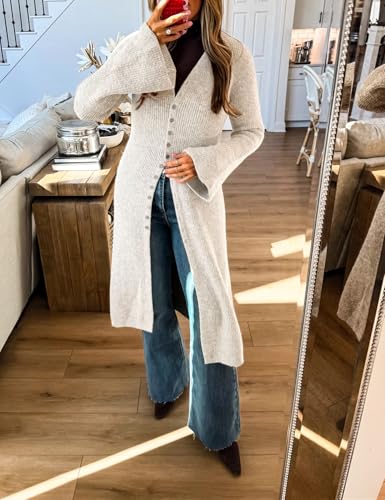 Womens Long Cardigan Sweaters Button Down Bell Sleeve Open Front Ribbed Knit Midi Dress Fall Trendy Outfits2