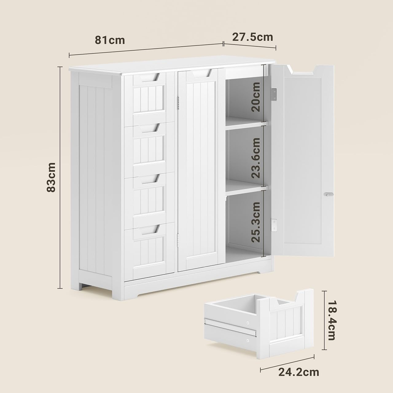 Xbro Meuble Salle de Bain Armoire de Baño, avec 4 Tiroirs et 2 Portes,Meuble pour Salle de Bain Salon Cuisine,avec Étagère Réglable,81 x 30 x 83 cm,Blanc