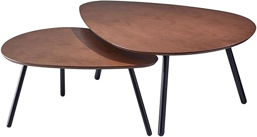 Adesso Juego de dos mesas auxiliares anidables, chapa de roble nogal y patas de metal negro mate, mesas decorativas modernas versátiles para salas