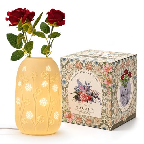 TACAHE Ceramic Vase Table Lamp - 2700K Bulb & 3 Artificial Flowers Included