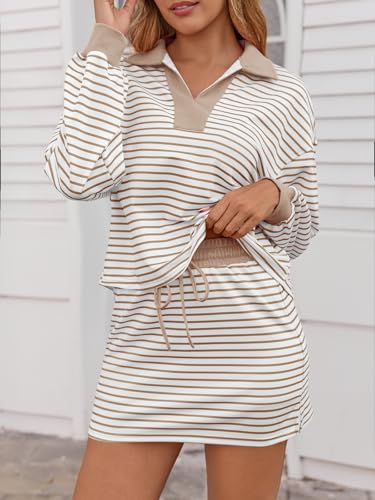 Fisoew Womens Striped 2 Piece Outfits Casual Sweatshirt Skirt Set Long Sleeve Skort Workout Set Matching Lounge Sets3