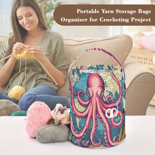 Image of Tatenale Crochet Bag Yarn Bag Knitting Project Bag with Pockets and Handle Portable Yarn Storage Organizer Tangle Free 8.3x11 InchWorld Map Octopus Corals and Seaweeds28