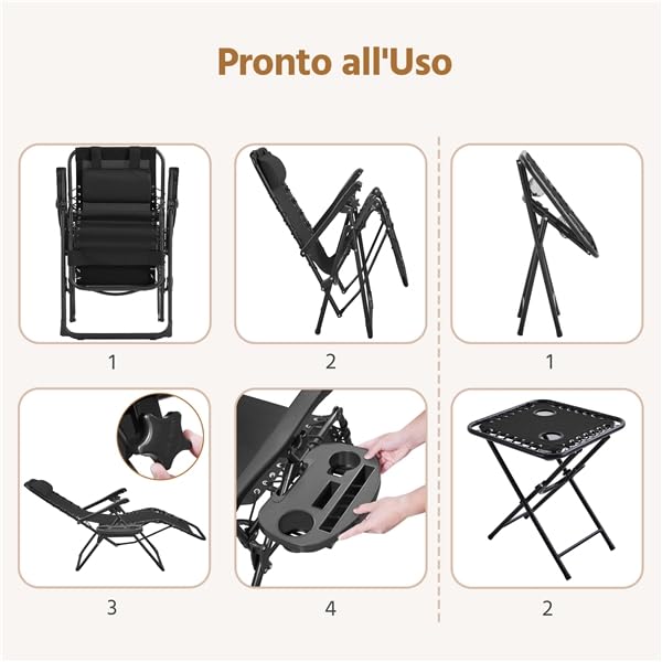 Yaheetech Set di 2 Sedie Sdraio da Giardino Zero Gravity e Tavolino con Portabicchieri, Set Sedie Pieghevoli con Poggiatesta, Portabicchieri, Pedale, Schienale Regolabile, Nero (Nero)