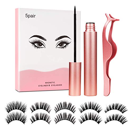 UNEEDE Magnetic Eyeliner and Eyelash Kit, Waterproof Magnetic Eyeliner with 5 Pair No Glue Reusable False Lashes for Party Dating Wedding Valentines Day Gift