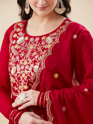 Image of MOKOSH Women's Cotton Anarkali Kurta Palazzo with Dupatta | Anarkali Kurta Set | Round Neck Full Sleeve | 3 Piece Outfit | Indian Kurta Outfit With Palazzo Pant | Embroidered