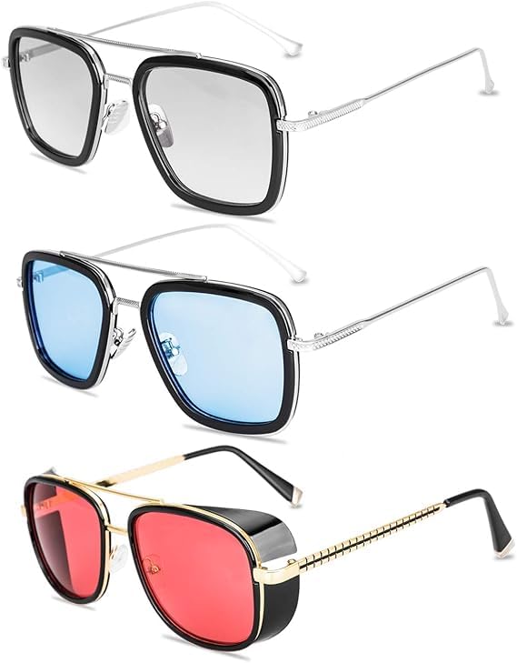Tony Stark Sunglasses Retro Aviator Sunglasses Square Metal Frame (Tony Stark Same Color AND Spiderman the Same Color)