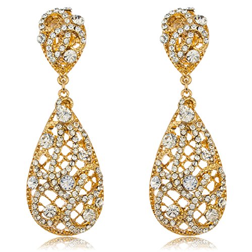 Goldtone with Clear Iced Out Vine Twist Teardrop Shaped 3.25 Inch Dangle Clip on Earrings (E-1094)