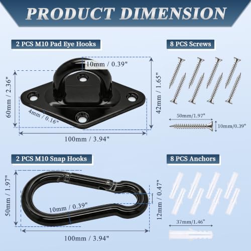 Image of OHIYO 2PCS M10 Stainless Steel Pad Eye Hooks+2PCS M10 Snap Hooks, Heavy Duty Hammock for Hanging, 1300lbs Capacity for Swing Set, Plant Hanger, Outdoor Lights(Black)