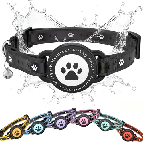 JIARUI Airtag Katzenhalsband mit Sicherheitsverschluss Reflektierend Katzenhalsband mit AirTag Halter und Glocke Bequeme Polsterung & Verstellbar Wasserdicht Kätzchenhalsband (Schwarz 9.3-13)