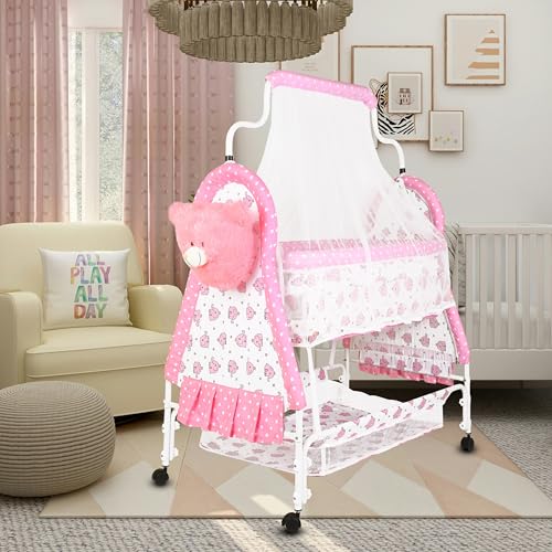 Image of Baby Cradle Swing with Polka Dot Pattern,Portable Foldable Design, Indoor Nursery Furniture (Pink 2)