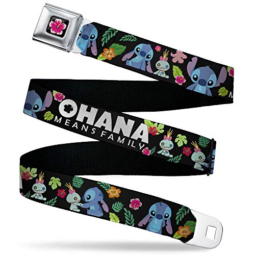 Disney Belt, Seatbelt Buckle Belt, Ohana Means Family Stitch Scrump Poses Tropical Flora Black, Adjustable