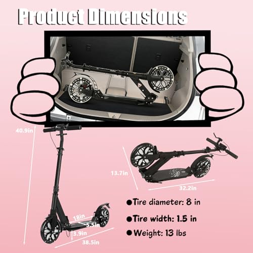 Image of Scooters for Kids, Led Light-Up Rear Wheel, 4 Adjustable Height Dual Brakes,Foldable 8in Big Wheel Scooter, Shock Absorption, 2 Wheel Kick Scooter for Adults, Teens, Up to 300 Lbs