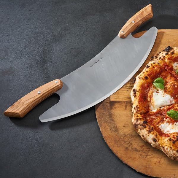 Miniatura 5 de Cortador de pizza de 17 pulgadas, cortador de acero inoxidable con asas dobles de madera de olivo para un fácil corte, picadora grande Mezzaluna -
